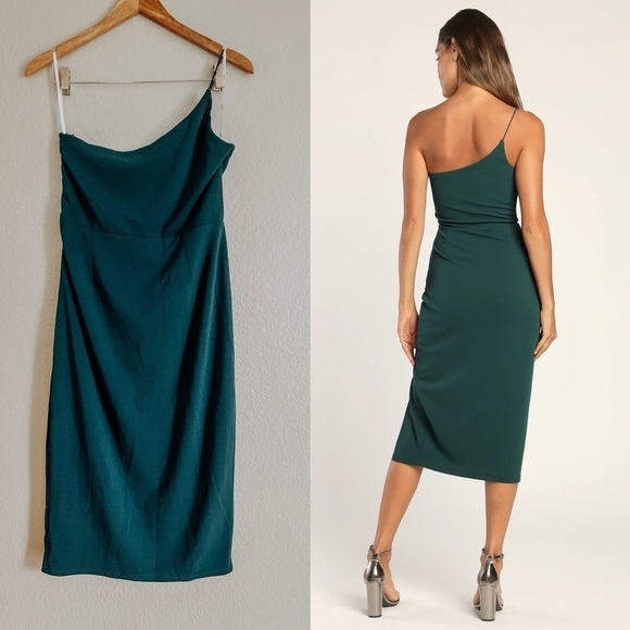 Hunter Green One-Shoulder Sleeveless Midi Dress XL - Picture 3 of 7